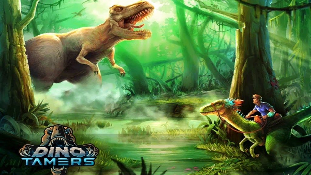 Cena de jogo Dino 3D com dinossauro em ambiente pré-histórico realista.